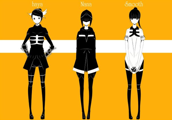 Anime picture 1250x875 with original haru@ long hair fringe short hair black hair simple background smile standing multiple girls ponytail black eyes inscription short sleeves hair bun (hair buns) monochrome arms behind head yellow background white skin girl