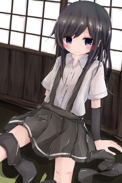 Anime picture 3604x5395 with kantai collection asashio destroyer nishihata kei single long hair tall image blush fringe highres blue eyes black hair sitting looking away absurdres tears open collar girl uniform school uniform detached sleeves