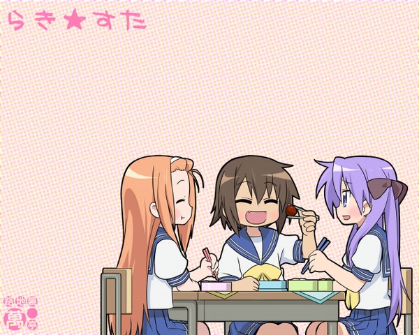 Anime picture 1280x1024 with lucky star kyoto animation hiiragi kagami kusakabe misao minegishi ayano girl food