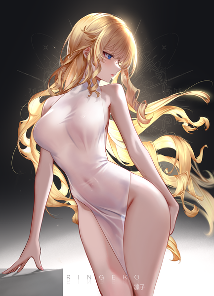 Anime picture 5751x7966 with genshin impact navia (genshin impact) ringeko-chan single long hair tall image fringe highres breasts blue eyes light erotic simple background blonde hair hair between eyes standing signed looking away absurdres profile arm support