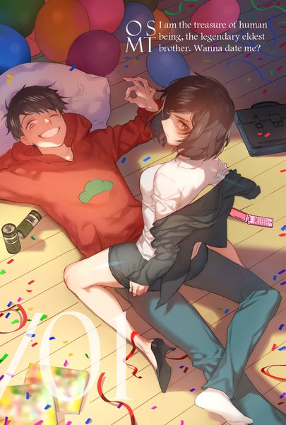 Anime picture 1228x1819 with osomatsu-san matsuno osomatsu osoko (osomatsu-san) zuizi tall image looking at viewer short hair light erotic black hair smile brown hair brown eyes full body lying one eye closed text girl on top formal ok sign girl