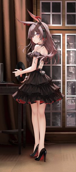 Anime picture 4000x9000 with arknights april (arknights) ru zhai single long hair tall image looking at viewer blush fringe highres breasts blue eyes hair between eyes brown hair standing holding animal ears absurdres full body indoors