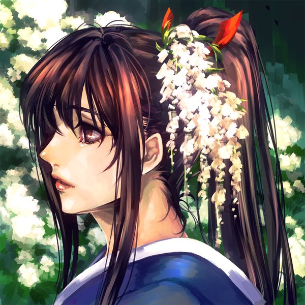 Anime picture 1500x1500 with original tamachi kuwa single long hair blush open mouth brown hair brown eyes ponytail traditional clothes japanese clothes profile hair flower girl hair ornament flower (flowers) ribbon (ribbons) hair ribbon