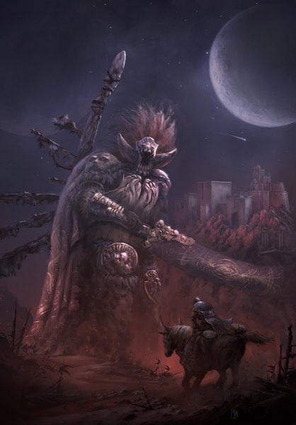 Anime picture 1920x2758 with elden ring tarnished (elden ring) starscourge radahn torrent (elden ring) canadianmark long hair tall image highres signed red hair night multiple boys night sky riding giant boy weapon animal armor building (buildings)