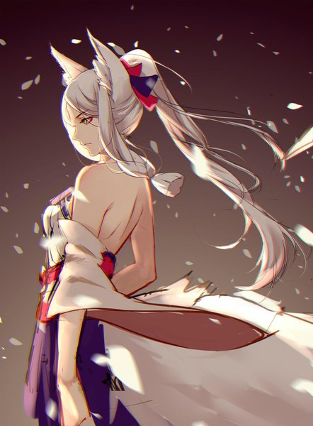 Anime picture 1200x1629 with onmyoji white wolf (onmyoji ) clouble single long hair tall image standing bare shoulders animal ears yellow eyes looking away white hair ponytail tail animal tail profile open clothes wide sleeves fox ears bare back