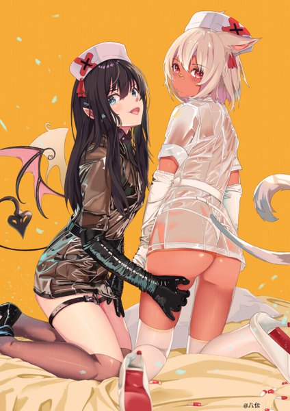 Anime picture 3720x5262 with original auguste long hair tall image looking at viewer blush fringe highres short hair open mouth light erotic black hair simple background hair between eyes red eyes multiple girls signed animal ears absurdres silver hair