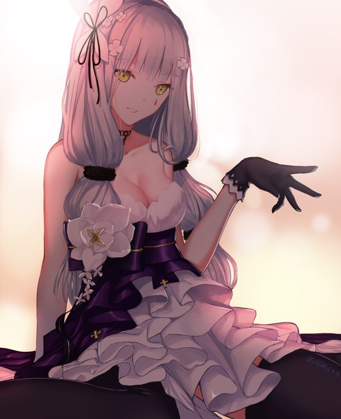 Anime picture 1664x2044 with girls frontline hk416 (girls frontline) hk416 (starry cocoon) (girls frontline) bottle7 single long hair tall image fringe breasts simple background sitting bare shoulders signed yellow eyes cleavage silver hair parted lips arm up hair flower arm support