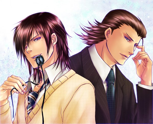 Anime picture 1200x970 with sengoku basara production i.g date masamune katakura kojuurou rin-shiba short hair blue eyes brown hair yellow eyes one eye closed wink mouth hold boy necktie sweater eyepatch suit