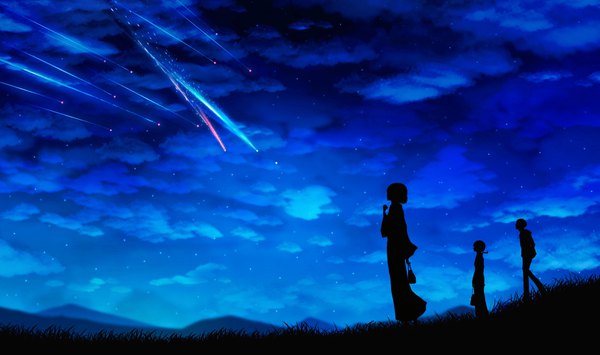 Anime picture 3240x1920 with kimi no na wa miyamizu mitsuha teshigawara katsuhiko natori sayaka harada miyuki highres short hair wide image standing multiple girls sky cloud (clouds) night glowing silhouette shooting star girl boy 2 girls star (stars)