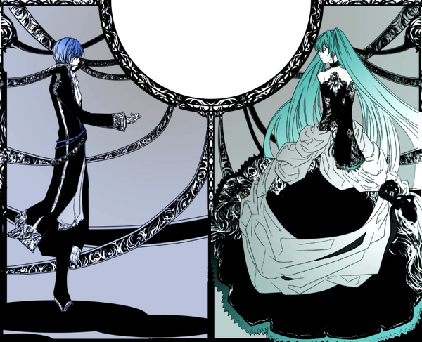 Anime picture 1232x1000 with vocaloid hatsune miku kaito (vocaloid) blue hair very long hair aqua eyes aqua hair girl rose (roses)
