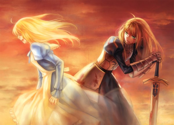 Anime picture 1200x862 with fate (series) fate/stay night studio deen type-moon artoria pendragon (all) saber kanmuri (hanyifan30338) kanmuri long hair open mouth blonde hair green eyes profile looking back dual persona dress gloves weapon sword armor