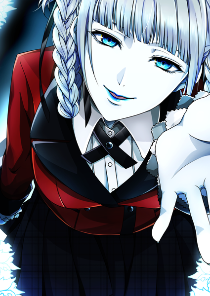Anime picture 724x1023 with kakegurui momobami kirari sayvi single tall image looking at viewer fringe short hair open mouth blue eyes smile standing silver hair blunt bangs braid (braids) head tilt pleated skirt leaning leaning forward lipstick