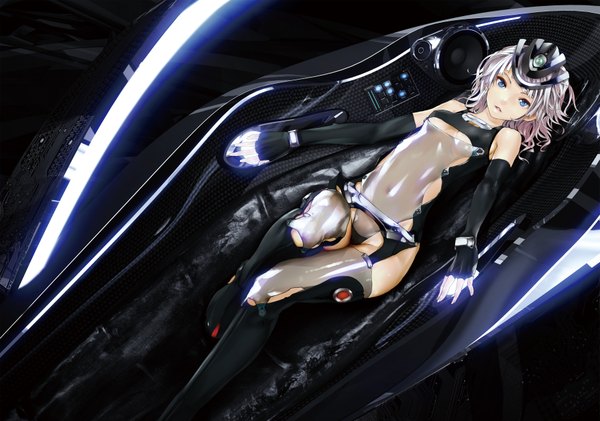 Anime picture 3579x2516 with original vocaloid supernova redjuice single looking at viewer highres short hair blue eyes light erotic bare shoulders absurdres white hair lying covered navel girl gloves navel headdress bodysuit