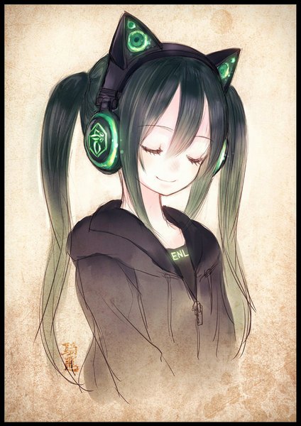 Anime picture 706x1000 with vocaloid axent wear headphones hatsune miku kiran single long hair tall image black hair simple background smile twintails animal ears eyes closed cat ears girl jacket headphones hood cat ear headphones