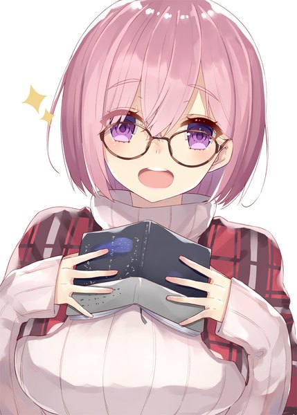 Anime picture 800x1119 with fate (series) fate/grand order mash kyrielight yuzu-aki single tall image looking at viewer blush fringe short hair open mouth simple background smile hair between eyes white background purple eyes holding pink hair upper body teeth