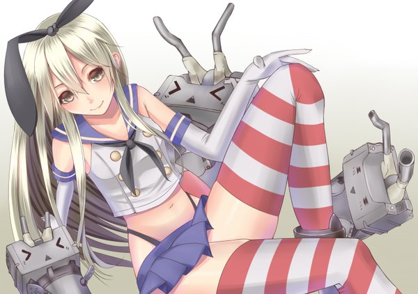Anime picture 1419x1000 with kantai collection shimakaze destroyer rensouhou-chan hamizu single long hair looking at viewer blush light erotic smile white background silver hair grey eyes girl thighhighs skirt gloves navel bow hair bow