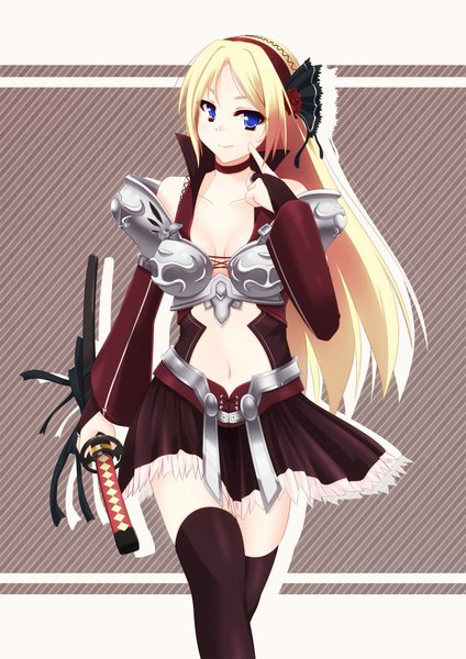 Anime picture 1240x1754 with fantasy earth karuminusu taletale single long hair tall image blush blue eyes light erotic blonde hair smile bare shoulders girl thighhighs dress skirt navel weapon black thighhighs sword