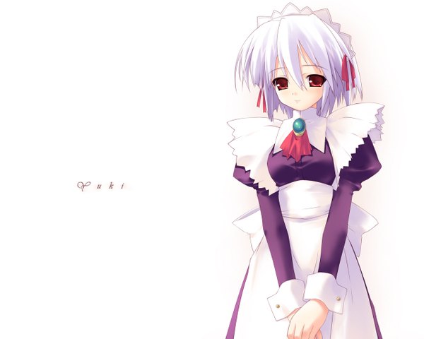 Anime picture 1280x1024 with suigetsu kotonomiya yuki tagme (artist) single fringe short hair simple background hair between eyes red eyes standing white background silver hair maid character names girl uniform headdress maid headdress apron ascot