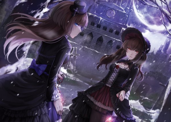 Anime picture 1300x927 with original maru (sw1tch) long hair looking at viewer blue eyes black hair red eyes brown hair multiple girls profile blurry night dutch angle depth of field snowing winter snow exhalation girl dress
