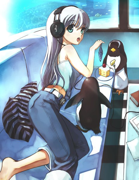 Anime picture 928x1200 with original hirokiku single long hair tall image open mouth lying looking back aqua eyes grey hair checkered floor girl animal sweets headphones pillow bird (birds) book (books) couch fish (fishes)