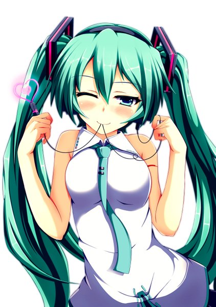 Anime picture 2079x2953 with vocaloid hatsune miku nekur single tall image blush highres simple background white background twintails very long hair one eye closed aqua eyes wink aqua hair girl hair ornament necktie vest microphone