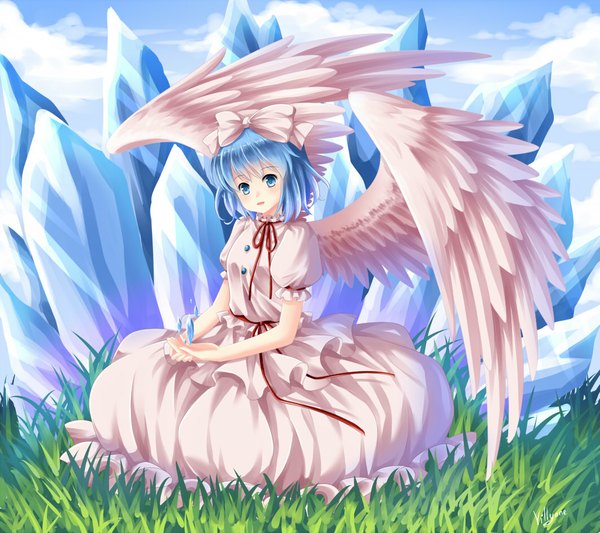 Anime picture 1062x944 with touhou mai (touhou) villyane single looking at viewer blush short hair open mouth blue eyes blue hair girl dress bow hair bow wings crystal