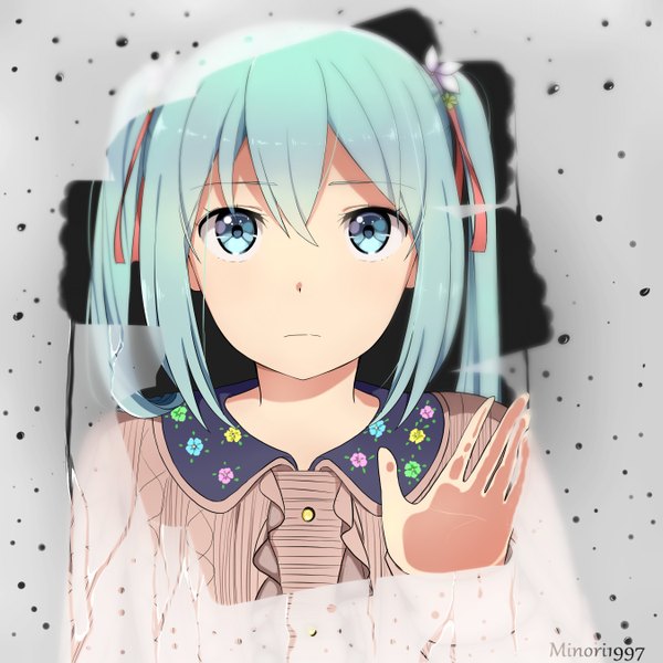 Anime picture 2700x2700 with vocaloid hatsune miku sunnypoppy single long hair looking at viewer fringe highres hair between eyes twintails signed upper body aqua eyes aqua hair expressionless against glass girl ribbon (ribbons) hair ribbon