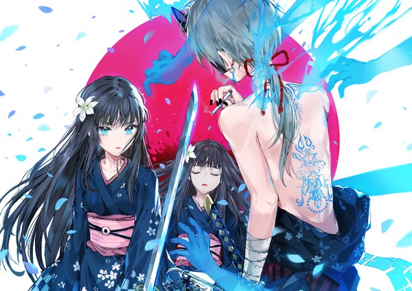Anime picture 1000x707 with original dangmill long hair fringe short hair blue eyes black hair multiple girls holding eyes closed nail polish traditional clothes parted lips japanese clothes hair flower fingernails grey hair wide sleeves tattoo floral print
