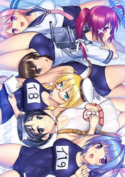 イラスト 1031x1457 と 艦隊これくしょん 伊19(艦これ) 伊58(艦これ) 伊168(艦これ) 伊401(艦これ) 伊8(艦これ) まるゆ(艦これ) 鈴眼依縫 長髪 長身像 カメラ目線 赤面 短い髪 開いた口 青い目 light erotic 黒髪 金髪 赤い目 multiple girls