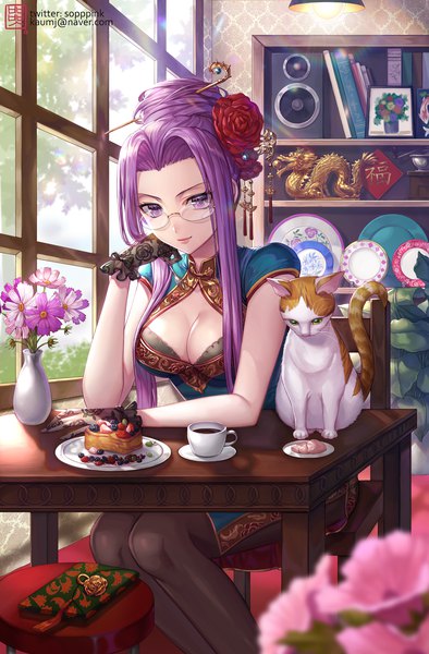Anime picture 1500x2283 with fate (series) fate/grand order fate/stay night rider medusa (lancer) (fate) bbbox (hotpppink) single long hair tall image looking at viewer breasts smile sitting purple eyes signed cleavage purple hair bent knee (knees) indoors traditional clothes
