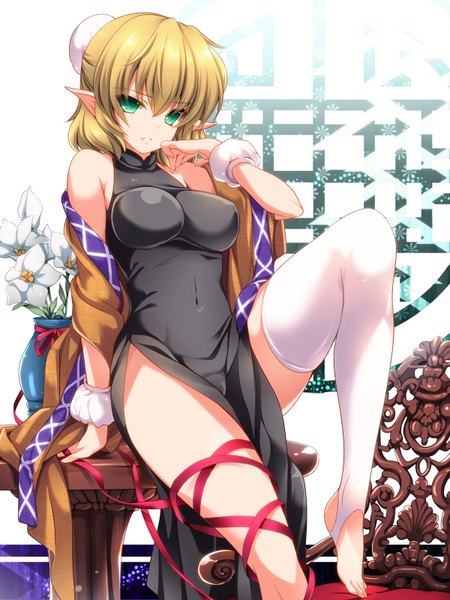 Anime picture 1200x1600 with touhou mizuhashi parsee moneti (daifuku) single tall image looking at viewer short hair breasts light erotic blonde hair large breasts green eyes barefoot pointy ears hair bun (hair buns) chinese clothes half updo girl thighhighs navel