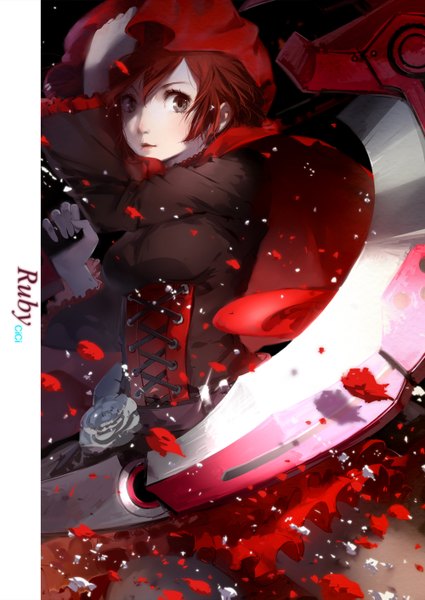 Аниме картинка 1000x1413 с красный белый чёрный жёлтый rooster teeth ruby rose cici один (одна) высокое изображение смотрит на зрителя румянец короткие волосы красные волосы лёгкая улыбка губы чёрные глаза имена персонажей девушка цветок (цветы) оружие лепестки колготки роза (розы)