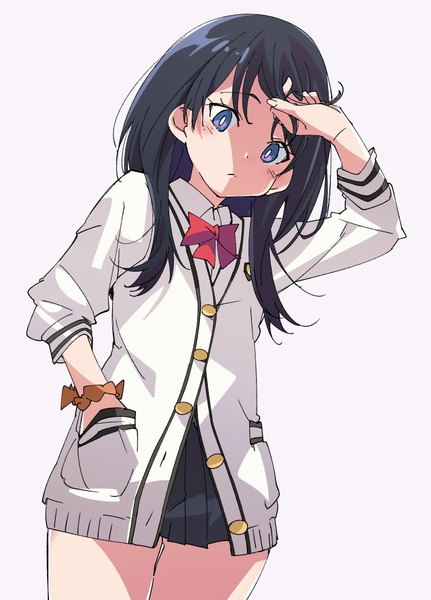 Anime picture 695x967 with gridman universe ssss.gridman studio trigger takarada rikka ixy single long hair tall image blush blue eyes black hair simple background standing grey background adjusting hair shaded face hand in pocket wrist scrunchie girl skirt