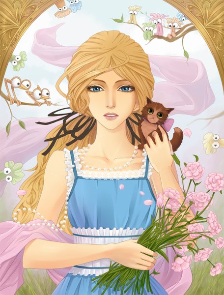 Anime picture 1034x1358 with alice in wonderland alice (wonderland) precia-t (artist) long hair tall image blue eyes blonde hair lips sleeveless animal on shoulder girl dress flower (flowers) ribbon (ribbons) hair ribbon animal cat branch beads bouquet