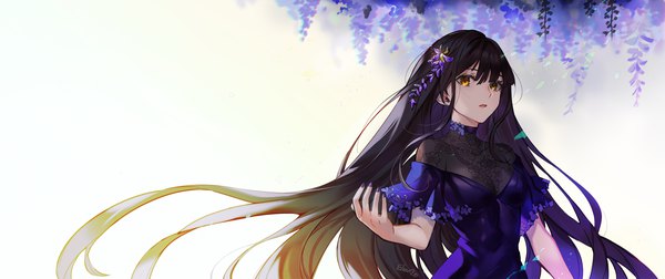 Anime picture 3560x1500 with original elran (artist) single looking at viewer fringe highres breasts open mouth black hair simple background hair between eyes wide image white background signed yellow eyes very long hair nail polish hair flower fingernails off shoulder