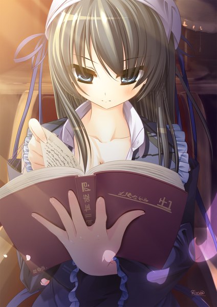 Anime picture 1414x2000 with original rozea (graphmelt) long hair tall image blush blue eyes black hair girl ribbon (ribbons) petals book (books)