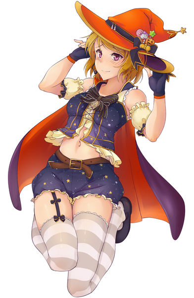 Anime picture 1700x2600 with love live! school idol project love live! school idol festival sunrise (studio) love live! koizumi hanayo tiribrush single tall image looking at viewer blush fringe short hair simple background blonde hair white background purple eyes full body bent knee (knees) arms up halloween