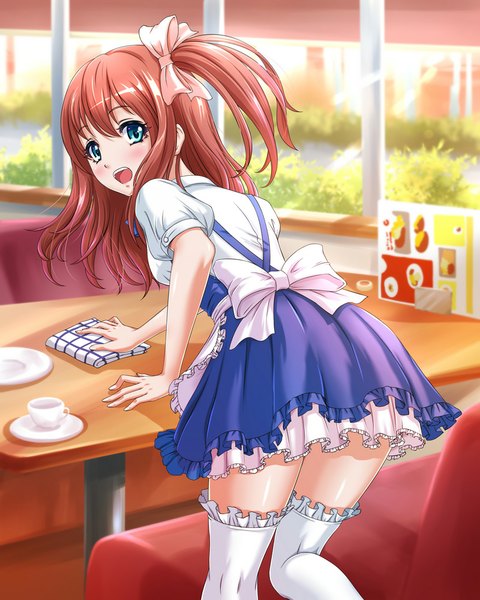 Anime picture 800x1000 with original chaki-yam single long hair tall image looking at viewer blush open mouth blue eyes pink hair one side up waitress girl thighhighs dress bow white thighhighs