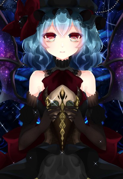 Anime picture 2450x3548 with touhou remilia scarlet shanghai bisu single long hair tall image looking at viewer highres red eyes bare shoulders blue hair girl dress gloves wings black gloves elbow gloves bonnet