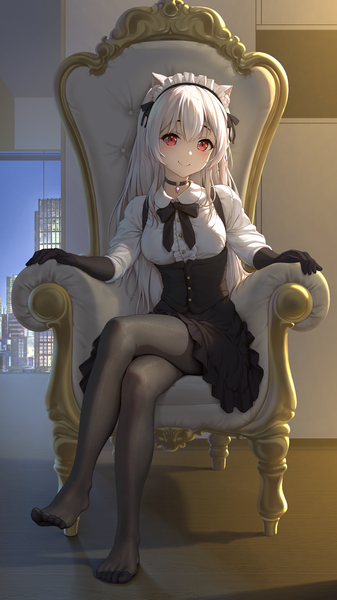 Anime picture 2160x3840 with original tokinohimitsu single long hair tall image looking at viewer blush fringe highres smile hair between eyes red eyes sitting silver hair full body indoors shadow maid no shoes crossed legs