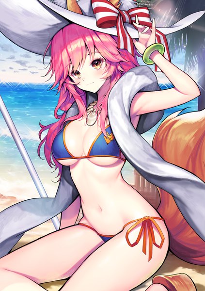Anime picture 1000x1420 with fate (series) fate/grand order tamamo (fate) (all) tamamo no mae (swimsuit lancer) (fate) kyundoo single long hair tall image looking at viewer blush fringe breasts light erotic sitting animal ears yellow eyes payot pink hair sky cloud (clouds)