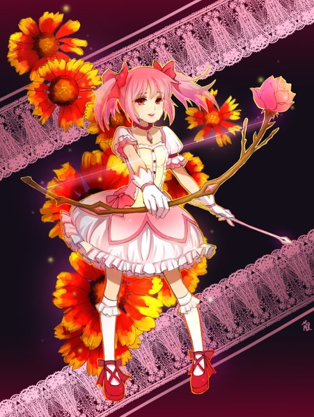 Anime picture 1000x1329 with mahou shoujo madoka magica shaft (studio) kaname madoka huazha01 single tall image short hair open mouth twintails signed pink hair pink eyes tears short twintails girl dress flower (flowers) bow hair bow socks