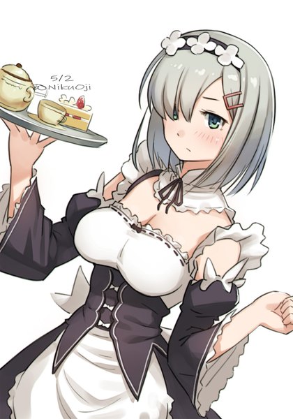 Anime picture 700x1000 with kantai collection re:zero kara hajimeru isekai seikatsu white fox rem (re:zero) hamakaze destroyer nikuoji single tall image looking at viewer fringe short hair breasts simple background large breasts standing white background green eyes signed cleavage hair over one eye