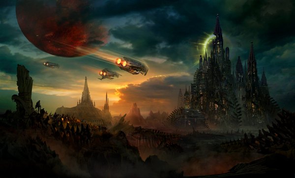 Anime picture 1488x900 with original philipstraub (artist) wide image sky city science fiction panorama army planet castle