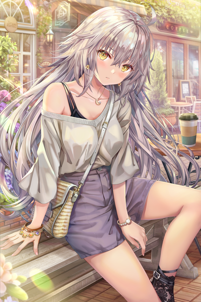 Anime picture 5016x7524 with fate (series) fate/grand order jeanne d'arc (fate) (all) jeanne d'arc alter (fate) torino aqua single long hair tall image looking at viewer blush fringe highres breasts hair between eyes sitting yellow eyes payot absurdres silver hair ahoge