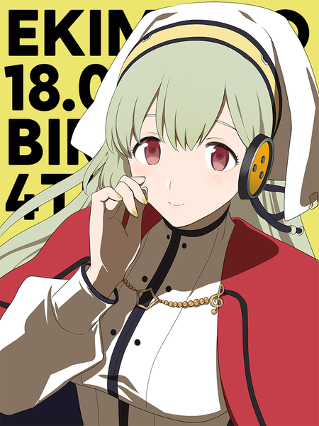 Anime picture 750x1000 with ekimemo yunomae hibiki fucodoku single long hair tall image looking at viewer fringe red eyes upper body nail polish green hair light smile from above copyright name treble clef girl headdress headphones musical note