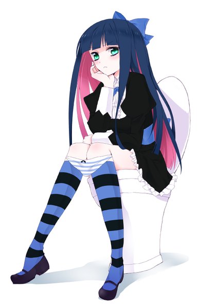 Anime picture 1181x1670 with panty & stocking with garterbelt anarchy stocking mirakuruone (artist) single long hair tall image looking at viewer light erotic green eyes blue hair pink hair multicolored hair colored inner hair panty pull girl hair ornament underwear panties ribbon (ribbons) hair ribbon