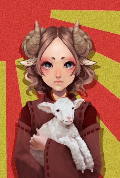 Anime picture 1377x2039 with original nagomu single tall image looking at viewer short hair blue eyes brown hair holding traditional clothes horn (horns) portrait new year 2015 sheep girl sheep ears girl animal sun sheep