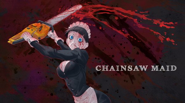 Anime picture 1919x1079 with hamada youho single looking at viewer highres short hair open mouth blue eyes black hair wide image holding inscription maid girl dress gloves headdress maid headdress blood apron chainsaw