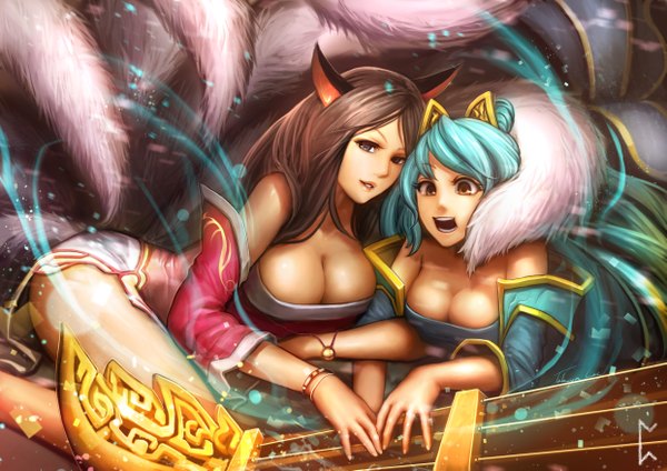 Anime picture 4961x3508 with league of legends ahri (league of legends) sona buvelle gevurah-studios (artist) long hair looking at viewer highres light erotic black hair bare shoulders multiple girls brown eyes animal ears looking away absurdres tail animal tail black eyes aqua hair fox ears